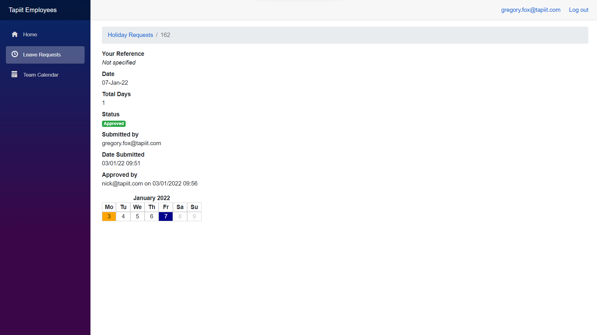 Tapiit application leave request details screen