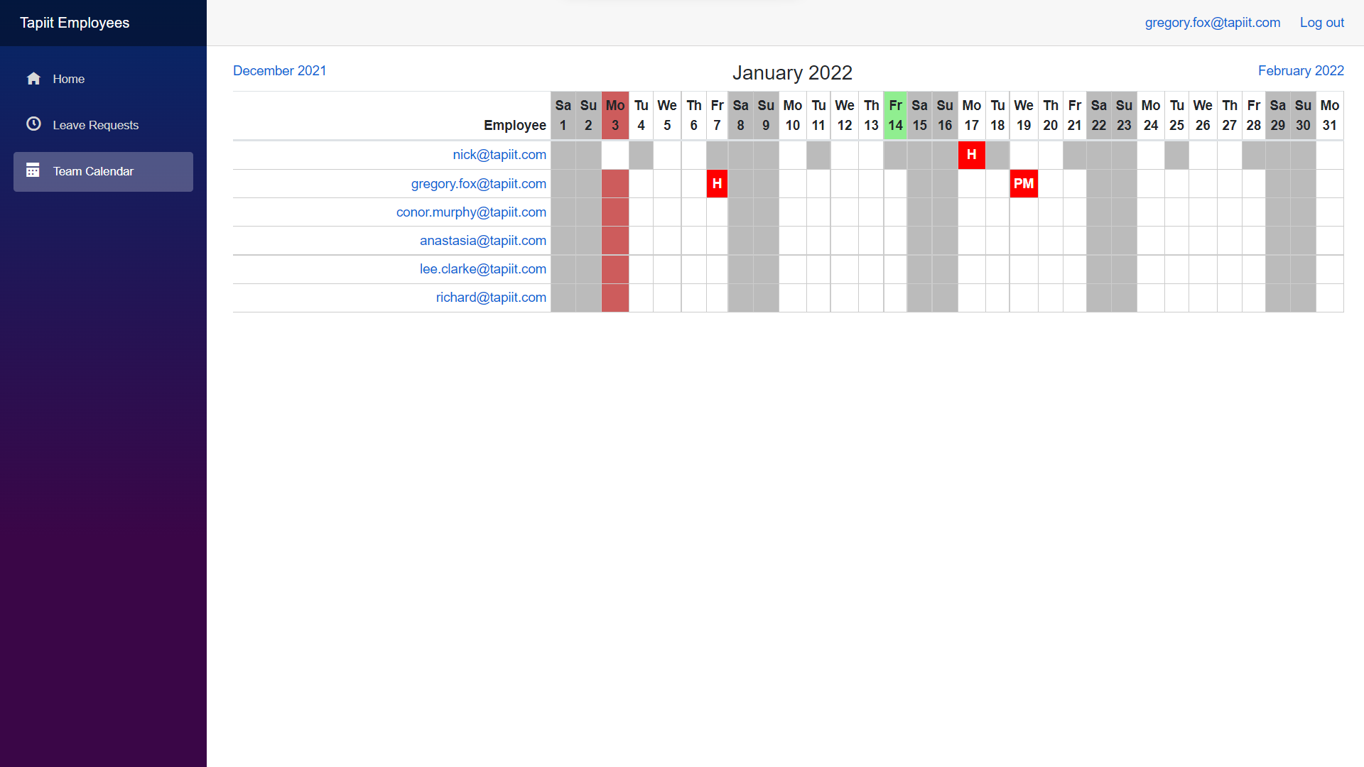 Tapiit application leave requests calendar screen
