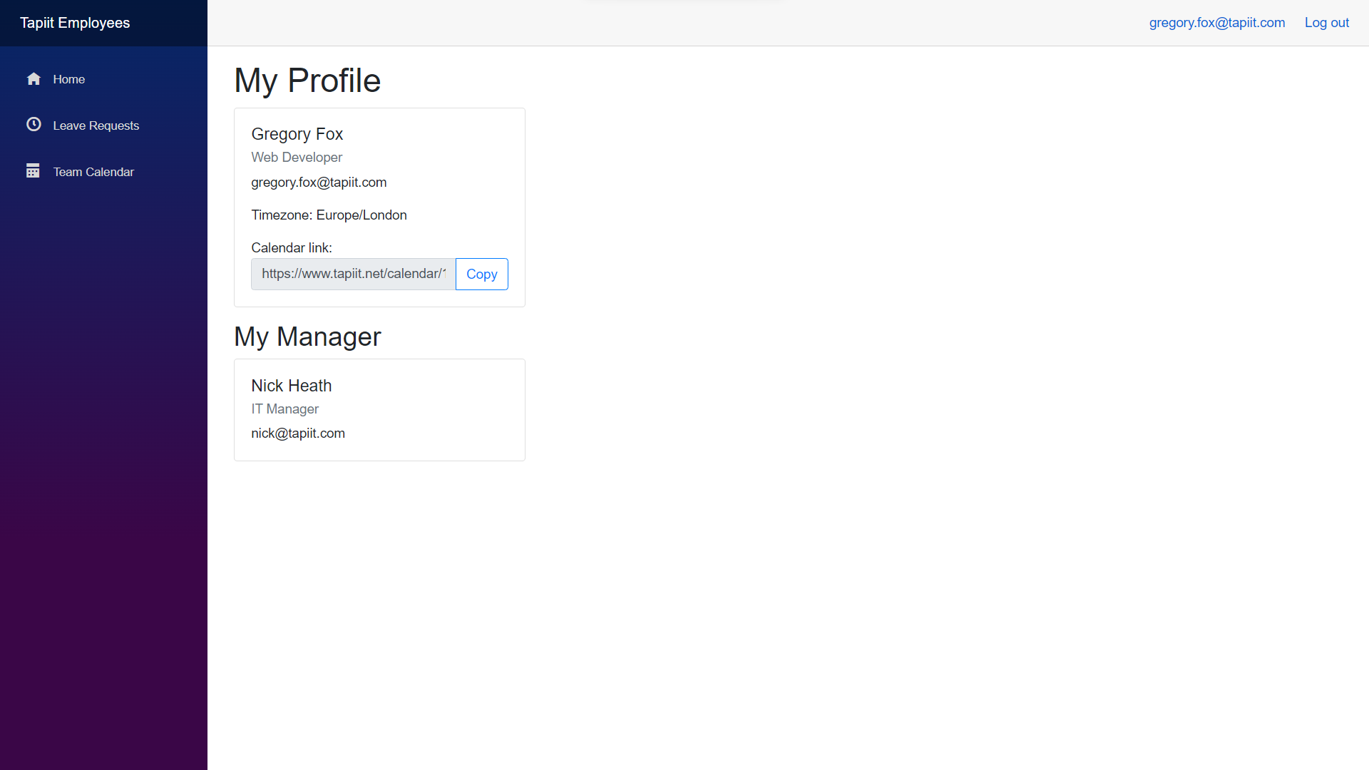 Tapiit application profile screen